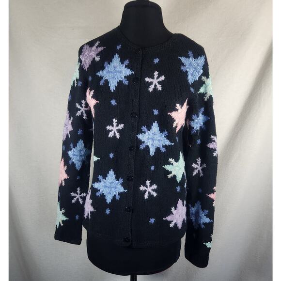 Talbots S Cardigan Sweater Dimensional Pastel Snowflakes On Black Embroidery - Picture 1 of 12